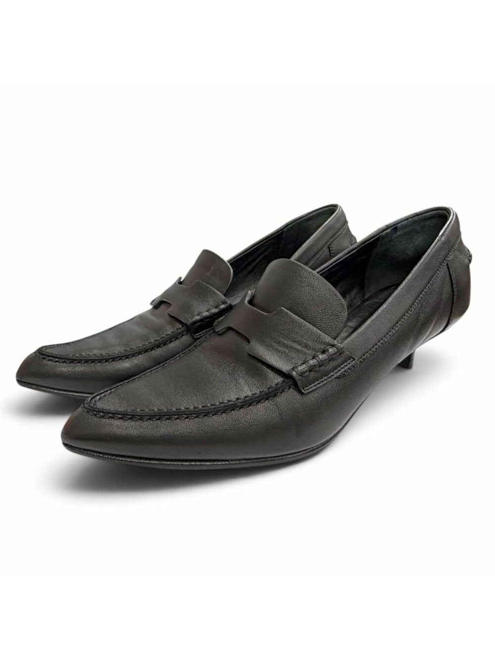 Hermes Glorious 40 Leather H Motif Pointed Toe Loafers Pumps Black Heel